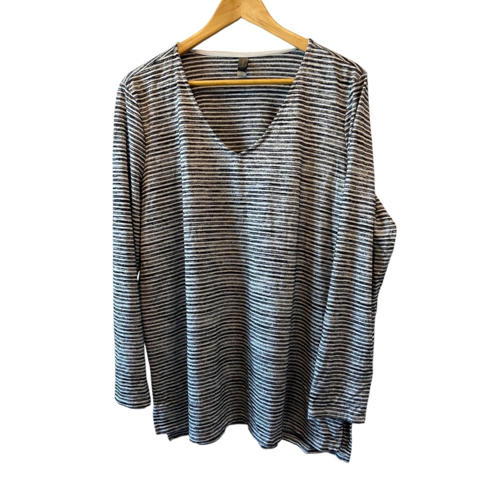 DENVER HAYES Grey & White Striped V Neck Long Sleeve Lightweight Knit Top 2XL